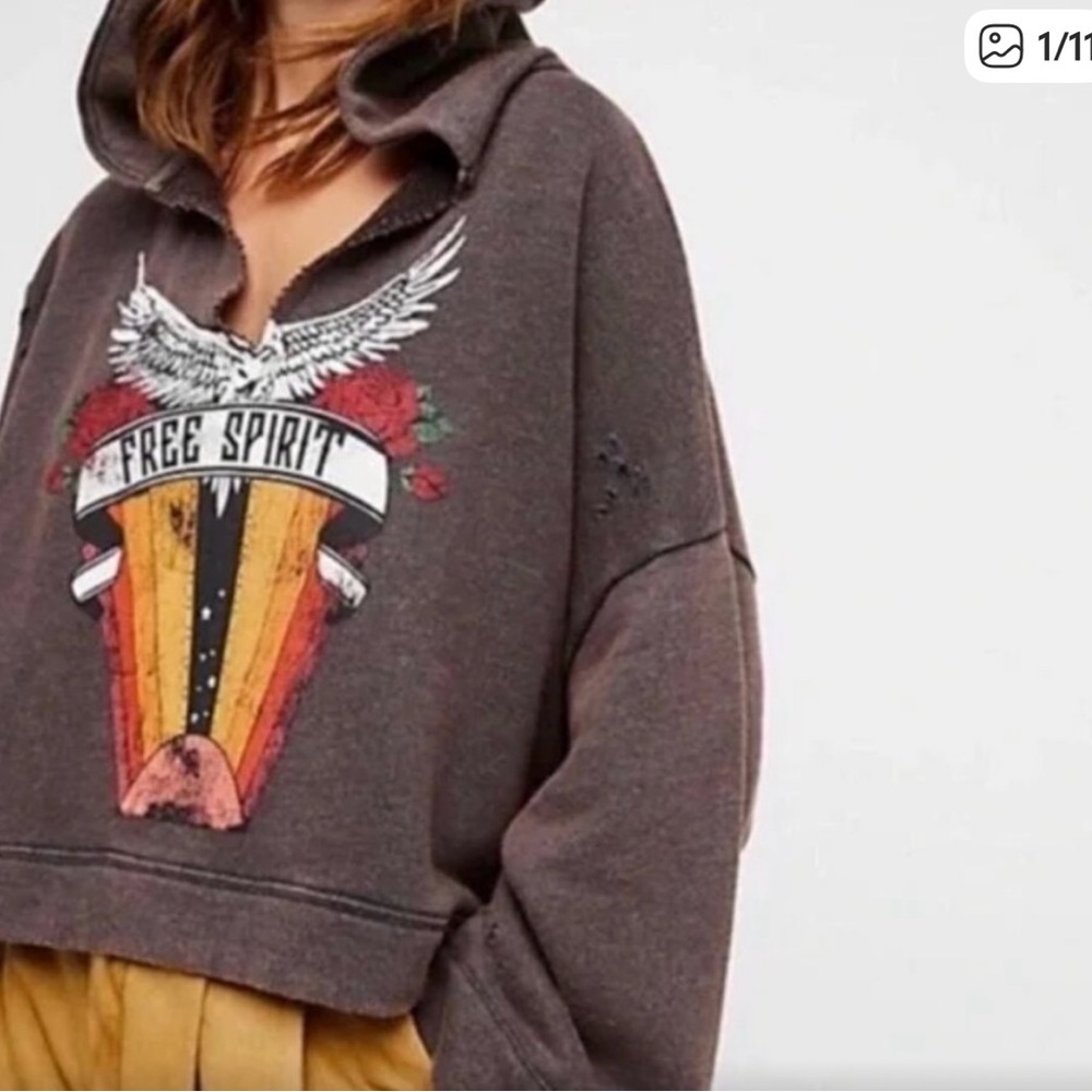 Free People Brown 'Free Spirit' Graphic Hooded Sweatshirt